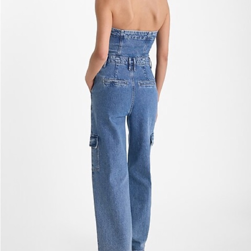Express Strapless Wide Leg Cargo Denim Jean Jumpsuit Womens 12 Light Blue Wash - Picture 4 of 14